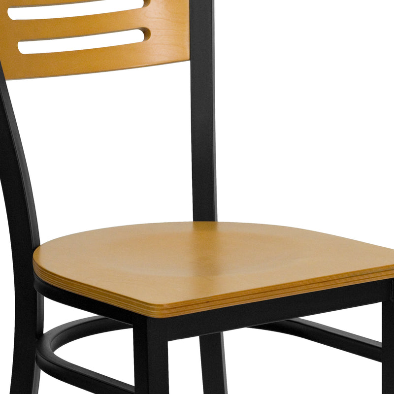 SINGLEWAVE Series Black Slat Back Metal Restaurant Chair - Natural Wood Back & Seat