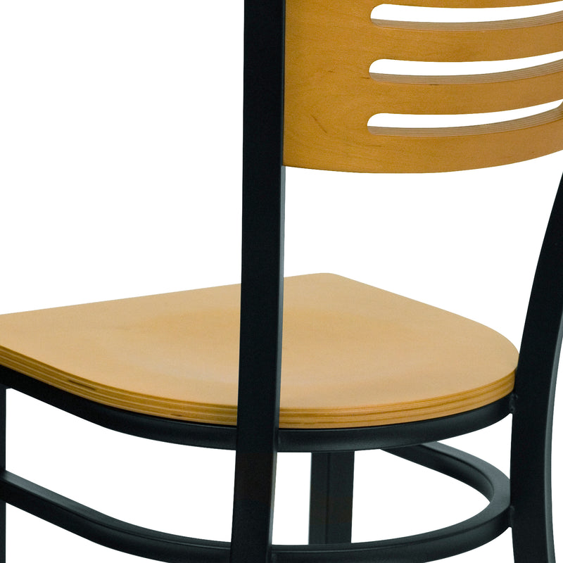 SINGLEWAVE Series Black Slat Back Metal Restaurant Chair - Natural Wood Back & Seat