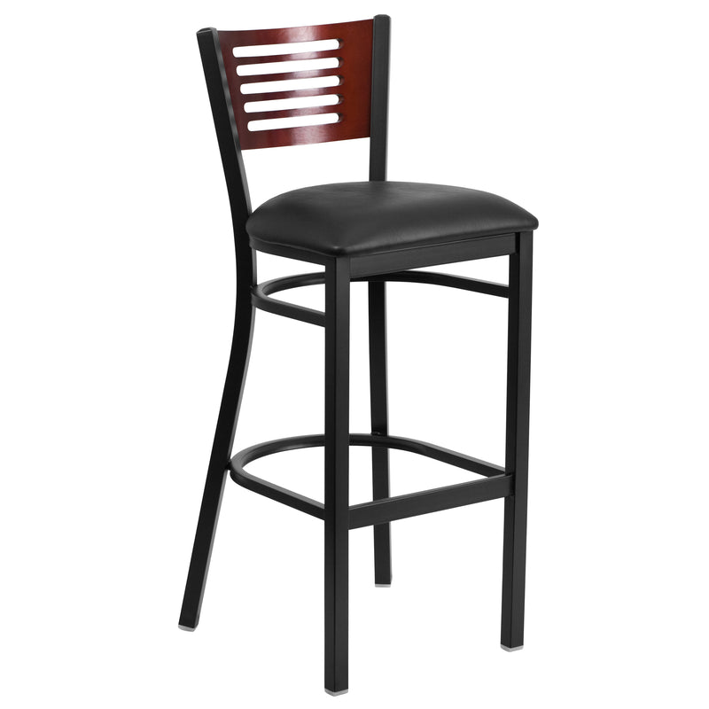 SINGLEWAVE Series Black Slat Back Metal Restaurant Barstool - Mahogany Wood Back, Black Vinyl Seat