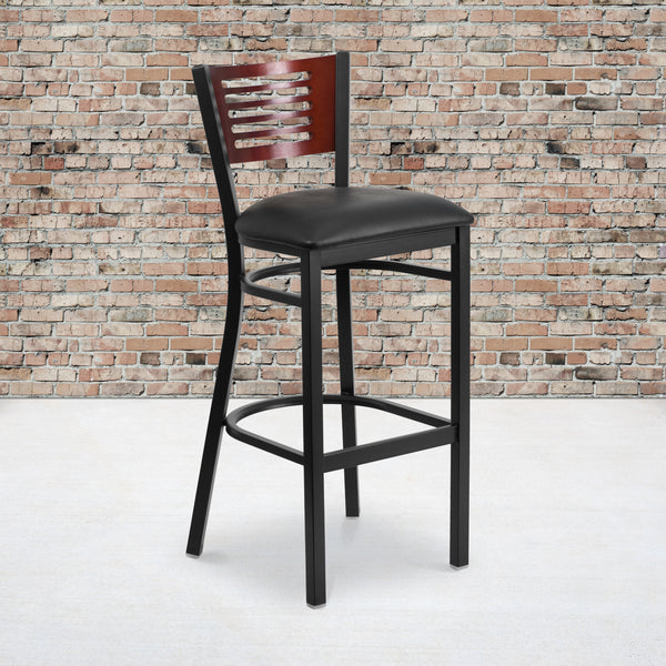 SINGLEWAVE Series Black Slat Back Metal Restaurant Barstool - Mahogany Wood Back, Black Vinyl Seat