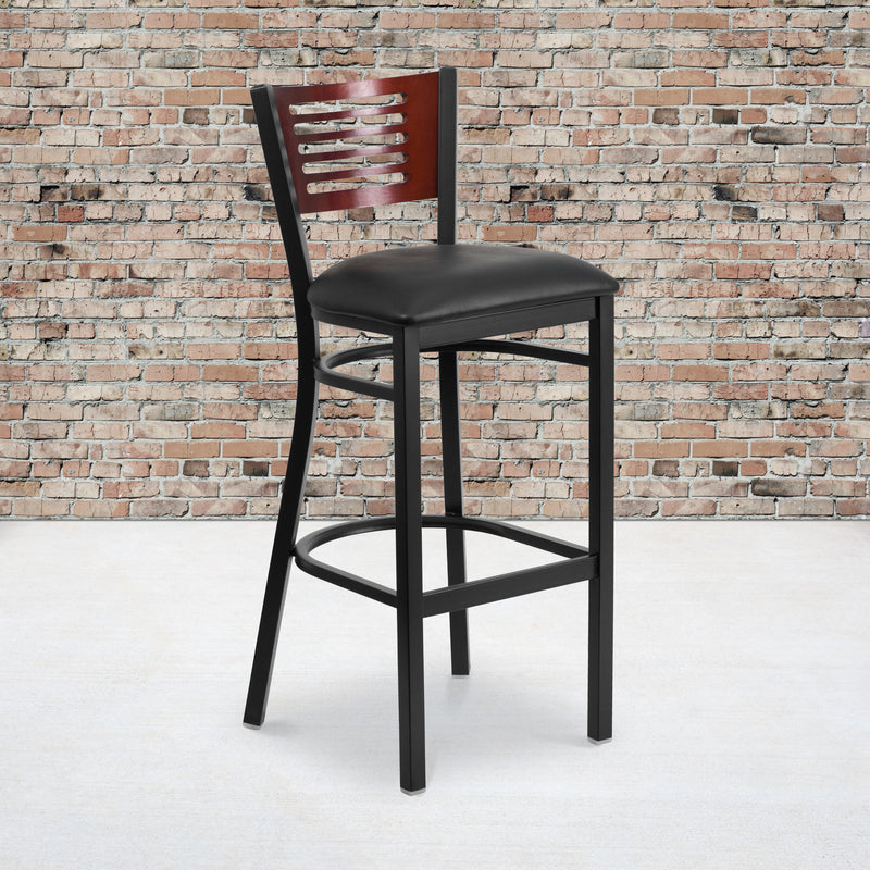 SINGLEWAVE Series Black Slat Back Metal Restaurant Barstool - Mahogany Wood Back, Black Vinyl Seat