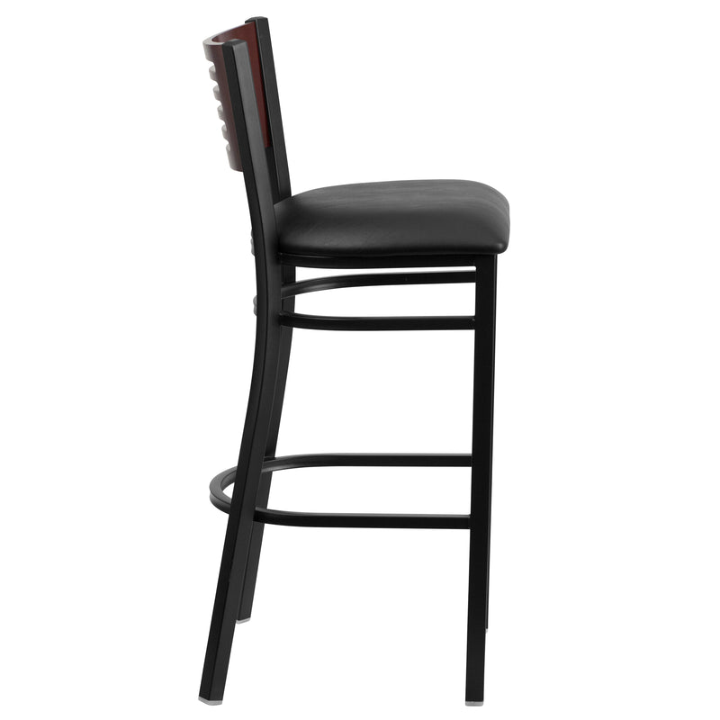 SINGLEWAVE Series Black Slat Back Metal Restaurant Barstool - Mahogany Wood Back, Black Vinyl Seat