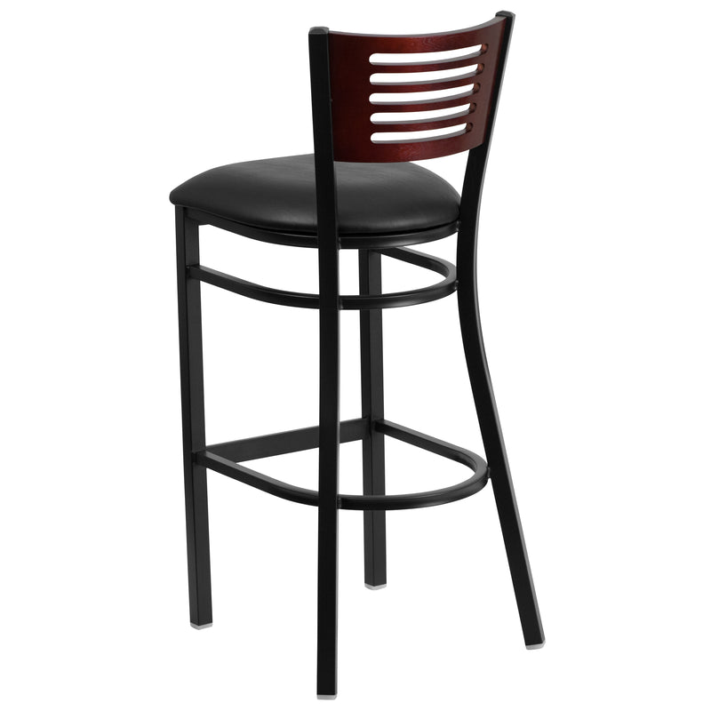 SINGLEWAVE Series Black Slat Back Metal Restaurant Barstool - Mahogany Wood Back, Black Vinyl Seat