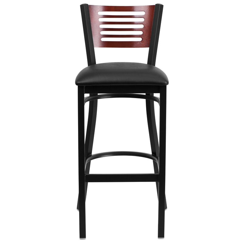 SINGLEWAVE Series Black Slat Back Metal Restaurant Barstool - Mahogany Wood Back, Black Vinyl Seat