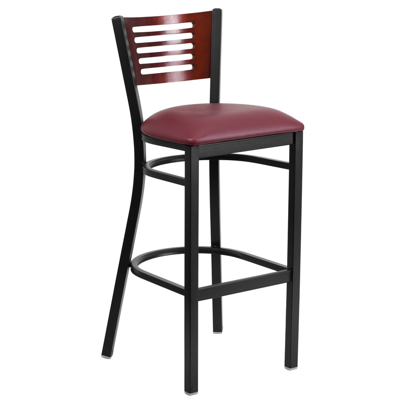 SINGLEWAVE Series Black Slat Back Metal Restaurant Barstool - Mahogany Wood Back, Burgundy Vinyl Seat