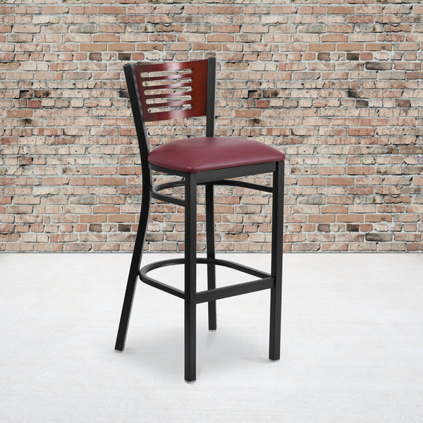 SINGLEWAVE Series Black Slat Back Metal Restaurant Barstool - Mahogany Wood Back, Burgundy Vinyl Seat