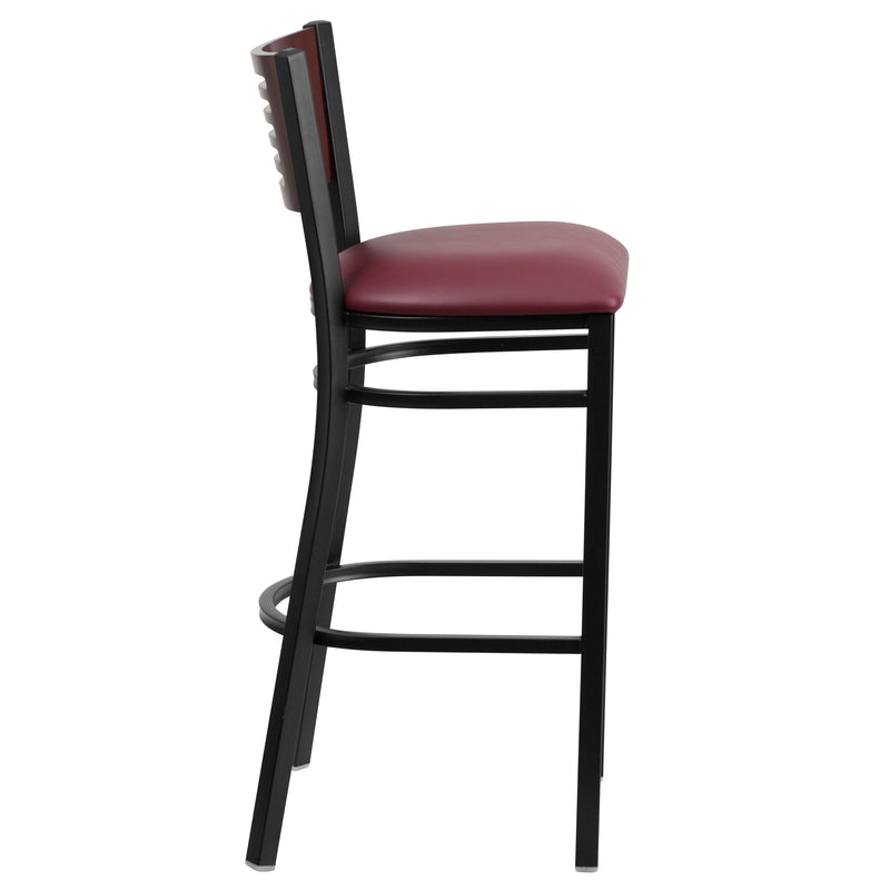 SINGLEWAVE Series Black Slat Back Metal Restaurant Barstool - Mahogany Wood Back, Burgundy Vinyl Seat