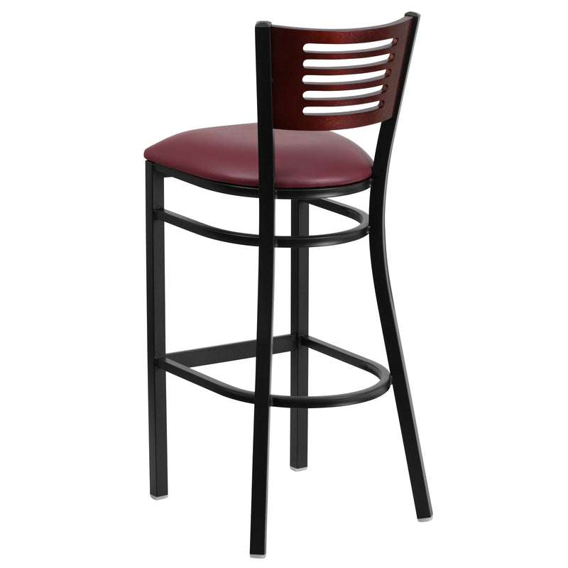 SINGLEWAVE Series Black Slat Back Metal Restaurant Barstool - Mahogany Wood Back, Burgundy Vinyl Seat