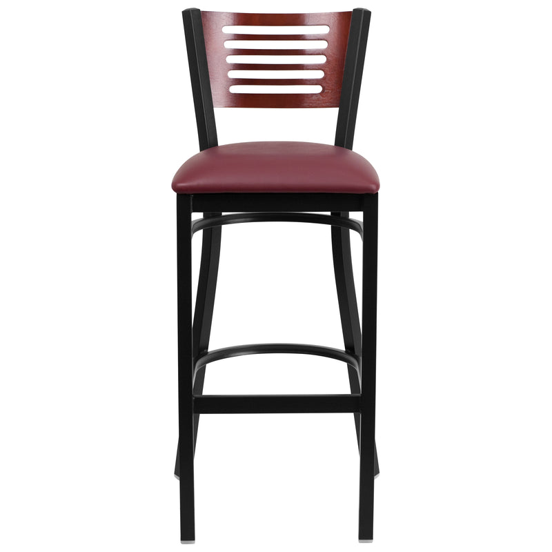 SINGLEWAVE Series Black Slat Back Metal Restaurant Barstool - Mahogany Wood Back, Burgundy Vinyl Seat