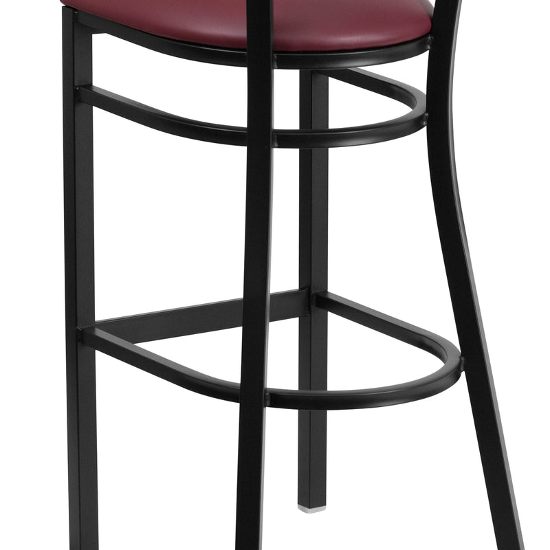 SINGLEWAVE Series Black Slat Back Metal Restaurant Barstool - Mahogany Wood Back, Burgundy Vinyl Seat