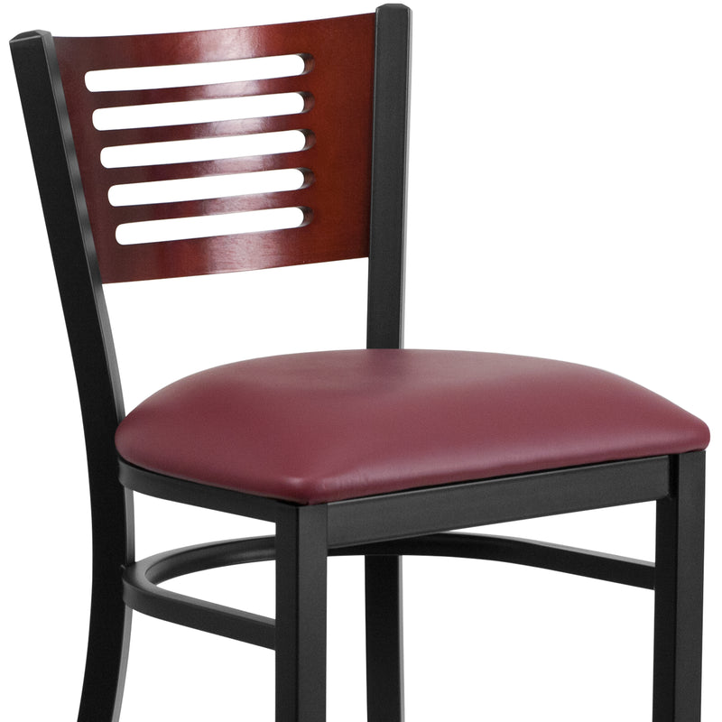 SINGLEWAVE Series Black Slat Back Metal Restaurant Barstool - Mahogany Wood Back, Burgundy Vinyl Seat