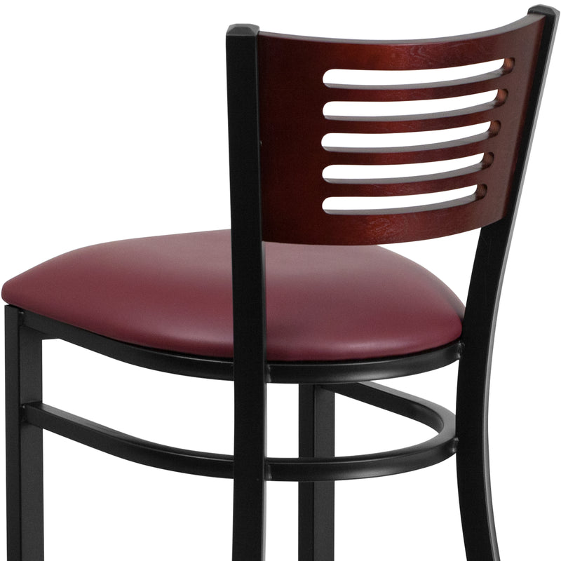 SINGLEWAVE Series Black Slat Back Metal Restaurant Barstool - Mahogany Wood Back, Burgundy Vinyl Seat