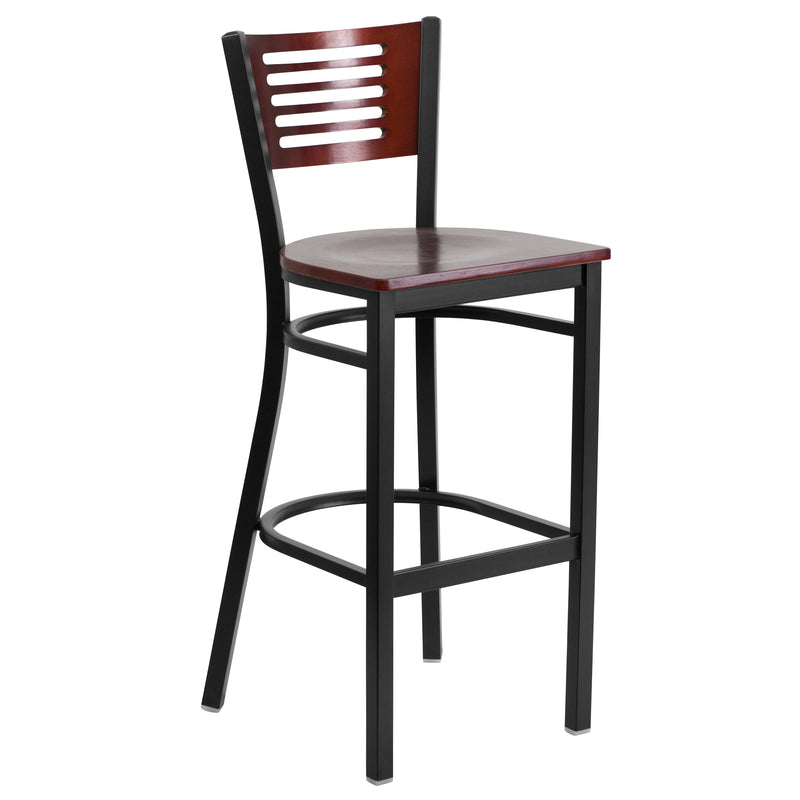 SINGLEWAVE Series Black Slat Back Metal Restaurant Barstool - Mahogany Wood Back & Seat