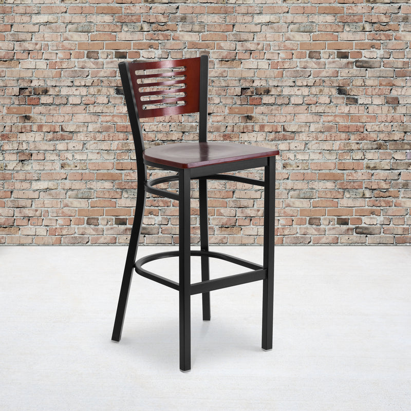 SINGLEWAVE Series Black Slat Back Metal Restaurant Barstool - Mahogany Wood Back & Seat