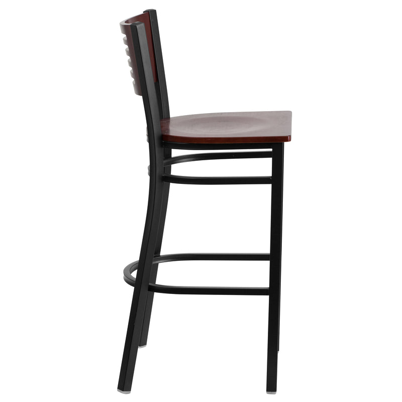 SINGLEWAVE Series Black Slat Back Metal Restaurant Barstool - Mahogany Wood Back & Seat