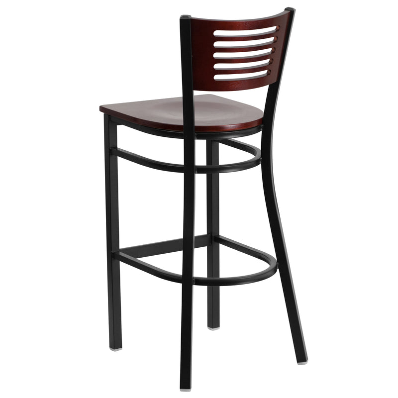 SINGLEWAVE Series Black Slat Back Metal Restaurant Barstool - Mahogany Wood Back & Seat