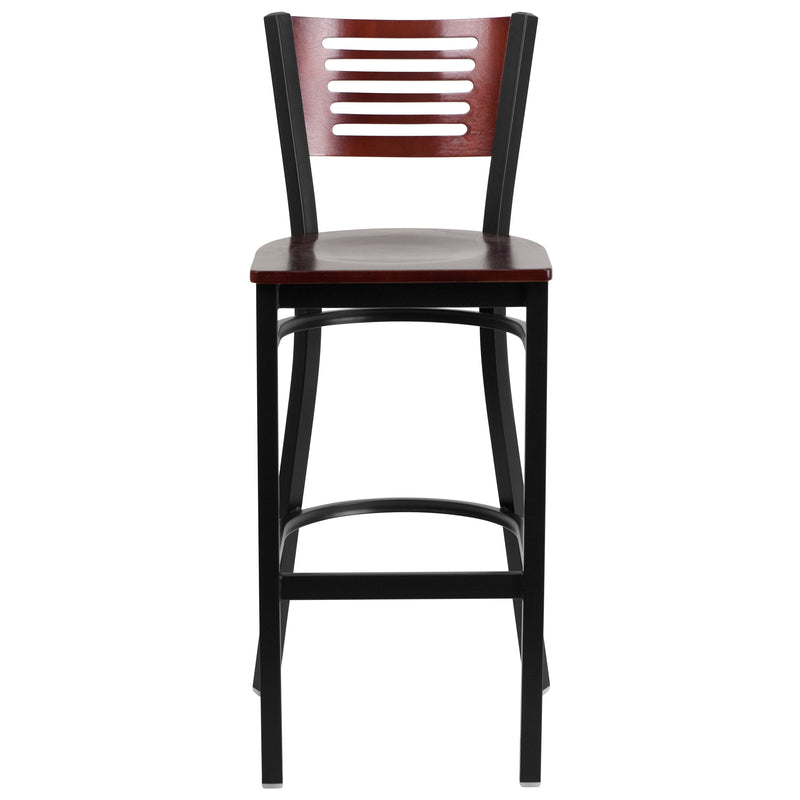 SINGLEWAVE Series Black Slat Back Metal Restaurant Barstool - Mahogany Wood Back & Seat