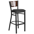 SINGLEWAVE Series Black Slat Back Metal Restaurant Barstool - Walnut Wood Back, Black Vinyl Seat