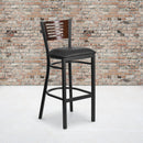 SINGLEWAVE Series Black Slat Back Metal Restaurant Barstool - Walnut Wood Back, Black Vinyl Seat