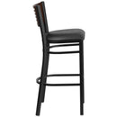 SINGLEWAVE Series Black Slat Back Metal Restaurant Barstool - Walnut Wood Back, Black Vinyl Seat
