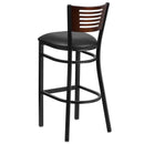 SINGLEWAVE Series Black Slat Back Metal Restaurant Barstool - Walnut Wood Back, Black Vinyl Seat