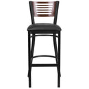 SINGLEWAVE Series Black Slat Back Metal Restaurant Barstool - Walnut Wood Back, Black Vinyl Seat
