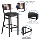 SINGLEWAVE Series Black Slat Back Metal Restaurant Barstool - Walnut Wood Back, Black Vinyl Seat