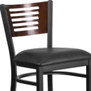 SINGLEWAVE Series Black Slat Back Metal Restaurant Barstool - Walnut Wood Back, Black Vinyl Seat