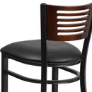 SINGLEWAVE Series Black Slat Back Metal Restaurant Barstool - Walnut Wood Back, Black Vinyl Seat