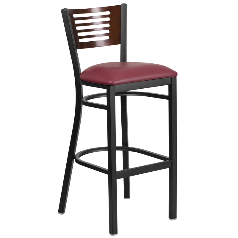 SINGLEWAVE Series Black Slat Back Metal Restaurant Barstool - Walnut Wood Back, Burgundy Vinyl Seat