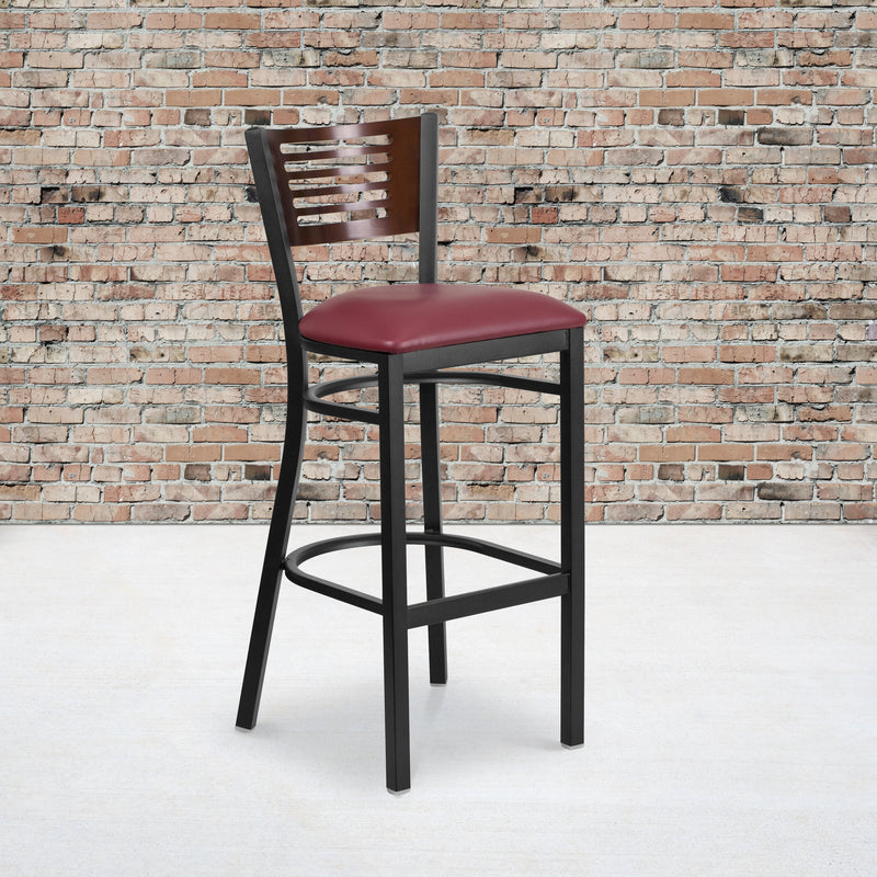 SINGLEWAVE Series Black Slat Back Metal Restaurant Barstool - Walnut Wood Back, Burgundy Vinyl Seat