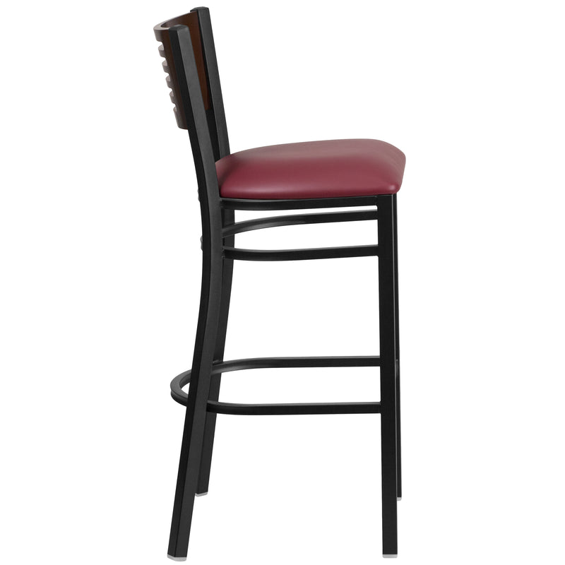 SINGLEWAVE Series Black Slat Back Metal Restaurant Barstool - Walnut Wood Back, Burgundy Vinyl Seat