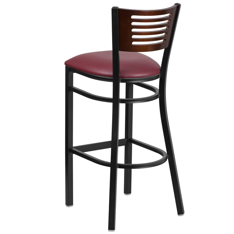 SINGLEWAVE Series Black Slat Back Metal Restaurant Barstool - Walnut Wood Back, Burgundy Vinyl Seat