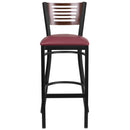 SINGLEWAVE Series Black Slat Back Metal Restaurant Barstool - Walnut Wood Back, Burgundy Vinyl Seat