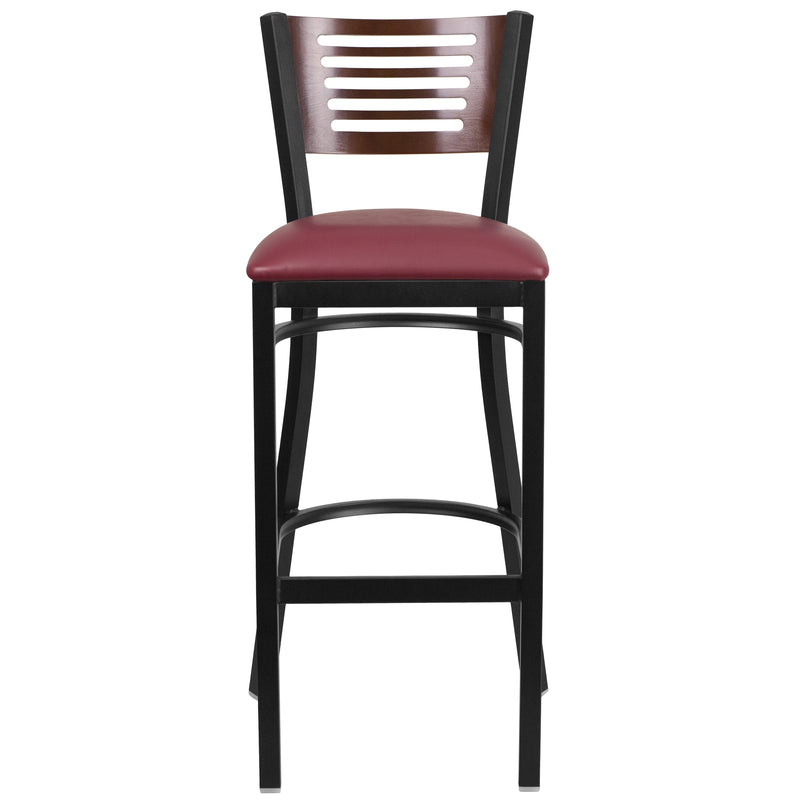 SINGLEWAVE Series Black Slat Back Metal Restaurant Barstool - Walnut Wood Back, Burgundy Vinyl Seat