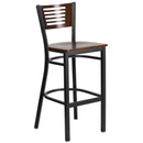 SINGLEWAVE Series Black Slat Back Metal Restaurant Barstool - Walnut Wood Back & Seat