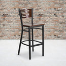 SINGLEWAVE Series Black Slat Back Metal Restaurant Barstool - Walnut Wood Back & Seat