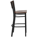 SINGLEWAVE Series Black Slat Back Metal Restaurant Barstool - Walnut Wood Back & Seat