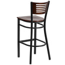 SINGLEWAVE Series Black Slat Back Metal Restaurant Barstool - Walnut Wood Back & Seat