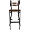 SINGLEWAVE Series Black Slat Back Metal Restaurant Barstool - Walnut Wood Back & Seat