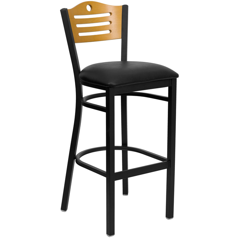 SINGLEWAVE Series Black Slat Back Metal Restaurant Barstool - Natural Wood Back, Black Vinyl Seat