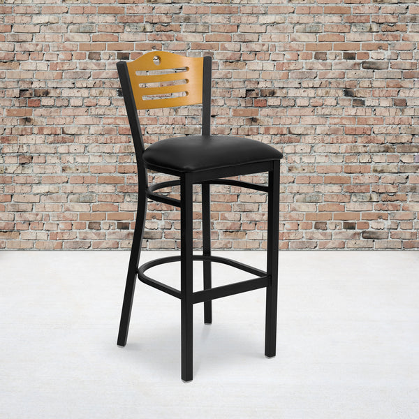 SINGLEWAVE Series Black Slat Back Metal Restaurant Barstool - Natural Wood Back, Black Vinyl Seat