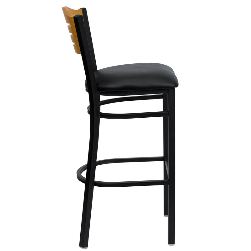 SINGLEWAVE Series Black Slat Back Metal Restaurant Barstool - Natural Wood Back, Black Vinyl Seat