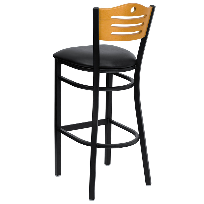 SINGLEWAVE Series Black Slat Back Metal Restaurant Barstool - Natural Wood Back, Black Vinyl Seat