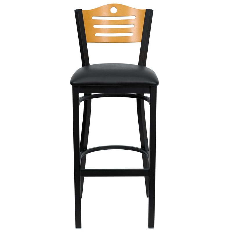 SINGLEWAVE Series Black Slat Back Metal Restaurant Barstool - Natural Wood Back, Black Vinyl Seat