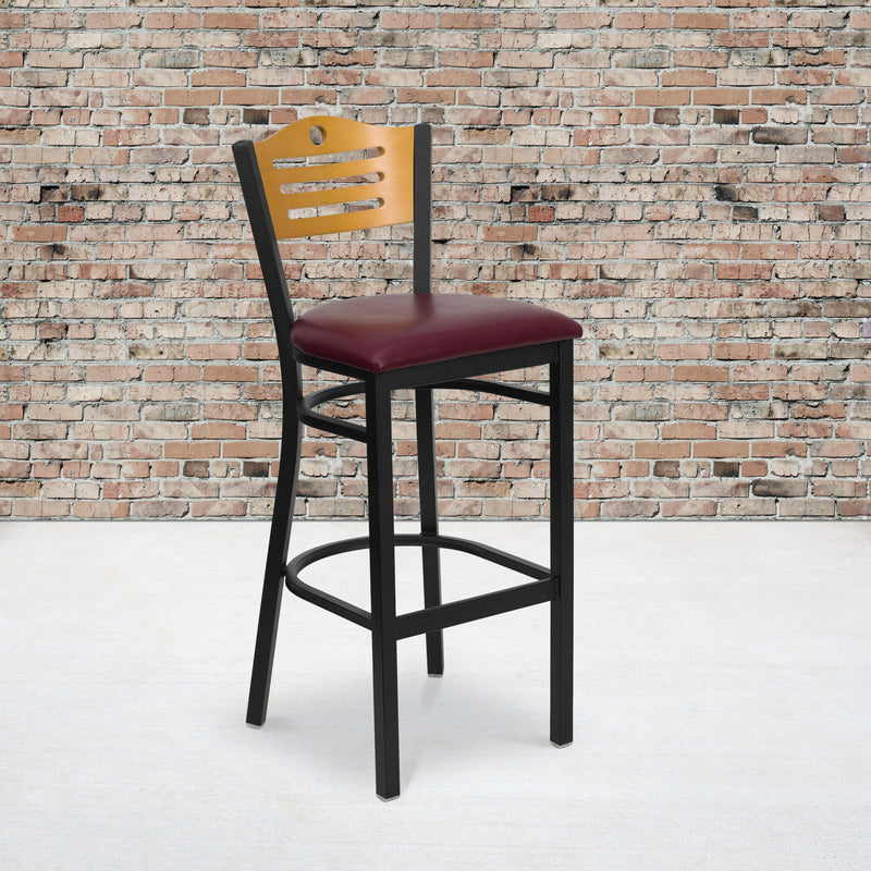 SINGLEWAVE Series Black Slat Back Metal Restaurant Barstool - Natural Wood Back, Burgundy Vinyl Seat