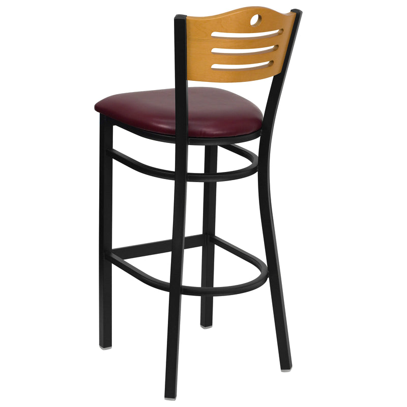 SINGLEWAVE Series Black Slat Back Metal Restaurant Barstool - Natural Wood Back, Burgundy Vinyl Seat