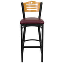 SINGLEWAVE Series Black Slat Back Metal Restaurant Barstool - Natural Wood Back, Burgundy Vinyl Seat