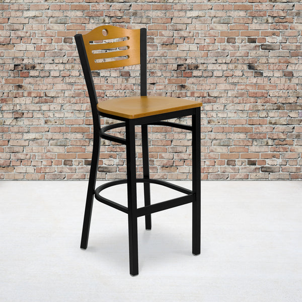 SINGLEWAVE Series Black Slat Back Metal Restaurant Barstool - Natural Wood Back & Seat