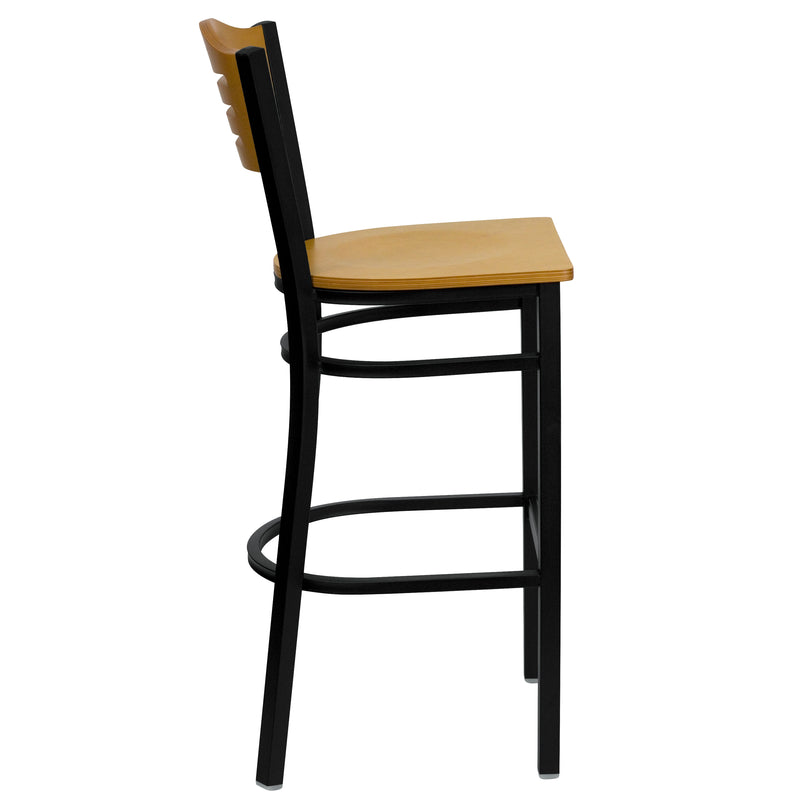 SINGLEWAVE Series Black Slat Back Metal Restaurant Barstool - Natural Wood Back & Seat